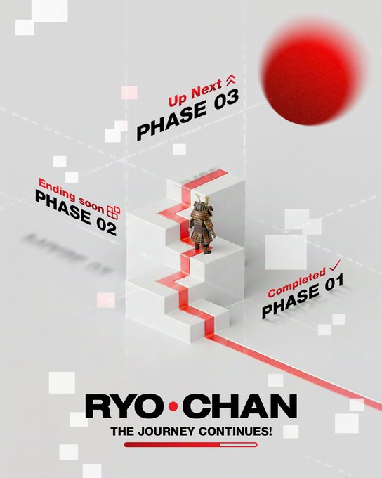 A graphic design titled 'RYO·CHAN - THE JOURNEY CONTINUES!' showing a samurai figure climbing white blocks with red accents, marking PHASE 01 (Completed), PHASE 02 (Ending soon), and PHASE 03 (Up Next).