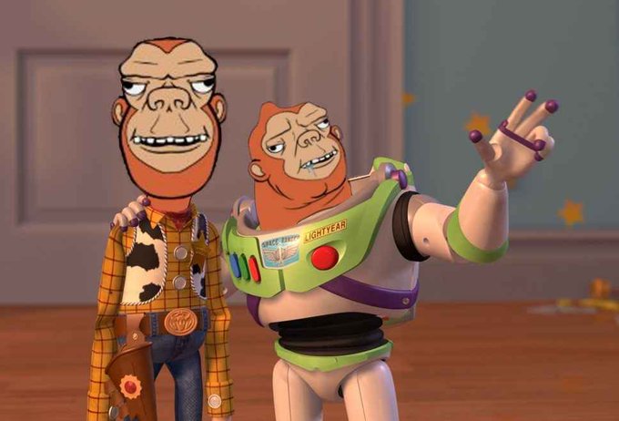 Meme image from Toy Story showing Buzz Lightyear replaced with a character featuring a red-bearded face, with Woody also edited to have a similar smiling bearded face.