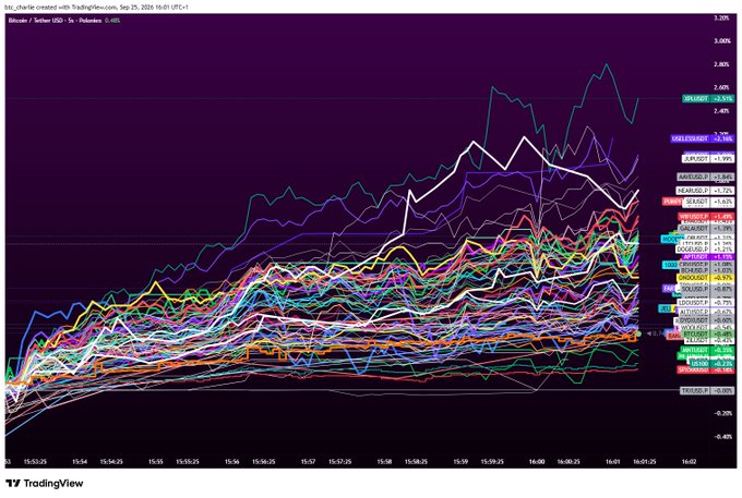 A TradingView chart titled "bitcoins / tether USD - 5x - Poloniex" dated Sep 25, 2025 shows numerous cryptocurrency price lines trending sharply upward from 15:53:25 to 16:02, with NEAR/USDT highlighted at +3.51% near the top at 3,208, supporting the post's claim about NEAR's strong upward momentum.