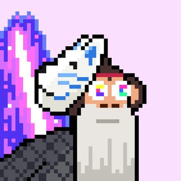 A pixel art drawing of a white dog-like character with blue markings and a smaller brown character with large colorful eyes, set against a purple and pink background.