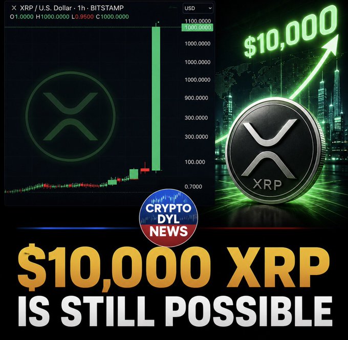 A promotional graphic for crypto news featuring a candlestick chart of XRP/USD on Bitstamp, an XRP coin graphic with an upward arrow, and the text "$10,000" alongside the headline "$10,000 XRP IS STILL POSSIBLE" from Crypto DYL News.
