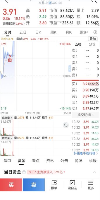 A Chinese stock trading app interface displaying 交易中澳 600103 (Daqo) with a current price of 3.91, up 10.14%, showing a 1-day K-line chart and order book details.
