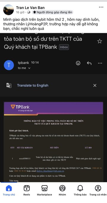 The image shows a Facebook post by Tran Le Van Ban sharing an experience about a friend's TPBank savings account (xxx0500111) being frozen due to crypto P2P transactions, along with the official TPBank email notification. This illustrates the post's point about banks freezing accounts not necessarily for buying USDT or BTC, but rather when funds are involved in suspicious P2P transfers.