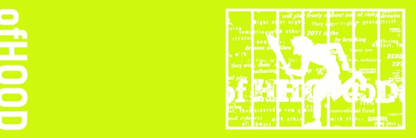 A bright yellow-green promotional graphic for "ofH00D" NFT collaboration, featuring bold "ofHOOD" text in the corners and a central white silhouette of a hooded figure surrounded by fragmented text including phrases like "HONEST," "GREAT," and "by becoming," complementing the giveaway announcement for the Robinhood-based NFT mint.