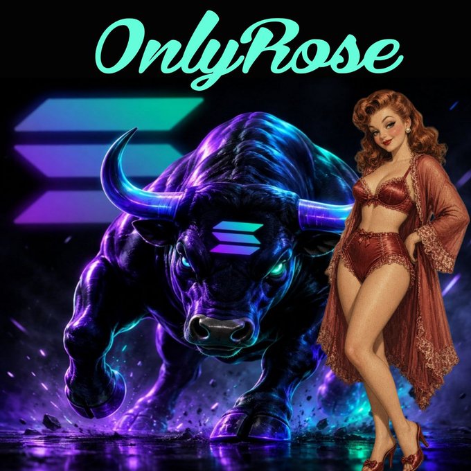 A digital artwork featuring 'OnlyRose' in turquoise script at the top, with a purple neon bull and Solana logo on the left, and a pin-up style illustration of a woman in red lingerie on the right.
