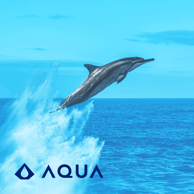 The image features a dolphin jumping out of the water, with its tail visible as it soars through the air. The background shows a beautiful blue ocean under a clear sky. Below the dolphin's jump, there are words written in white that say "Aqua". This suggests that the image is related to an advertisement or promotional material for a company named Aqua.