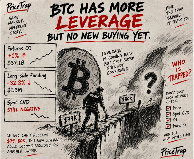 A PriceTrap market analysis illustration titled "BTC HAS MORE LEVERAGE BUT NO NEW BUYING YET," showing a trader on a cliff with key metrics: Futures OI +1% at $37.1B, Long-side Funding -32.8% at $1.3M, and Spot CVD still negative, with BTC price levels marked at $79K and $80K.