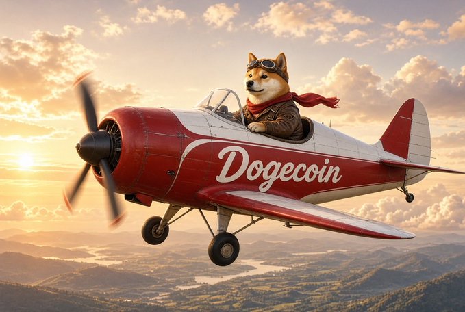 A Shiba Inu aviator wearing goggles and a red scarf pilots a vintage red and white airplane emblazoned with "Dogecoin" across its fuselage, soaring above sunlit mountains at dawn—capturing the uplifting, adventurous spirit of "Dogecoin morning energy."