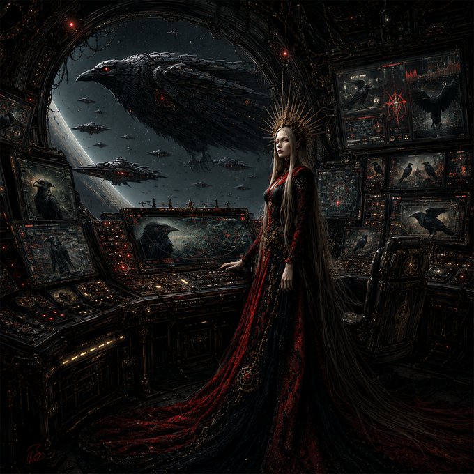 A dark fantasy/gothic digital artwork showing a crowned woman in a flowing red gown standing in a tech-filled chamber, with a massive black crow-like creature visible through an arched window overlooking a planetary landscape.