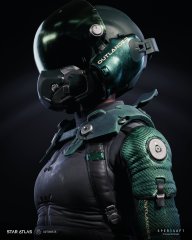 A sci-fi figure wearing a glossy dark green helmet with breathing apparatus and a matching green tactical suit is shown against a dark background, with 'STAR ATLAS' and 'OPNET STUDIO' text visible.