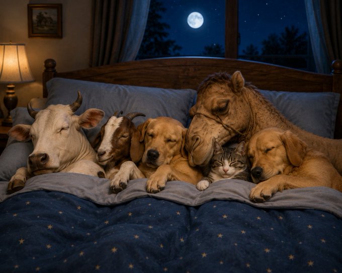 The image features a group of animals - a cow (or bull), two dogs, and a cat - all sleeping together on a bed with blue sheets. The caption reads "Good night Fren Today am very tired, now rest body & recharge see y'all tomorrow! Wakened tomorrow morning & create content for @XOOBNetwork , @useTria & @River4fun campaign!".