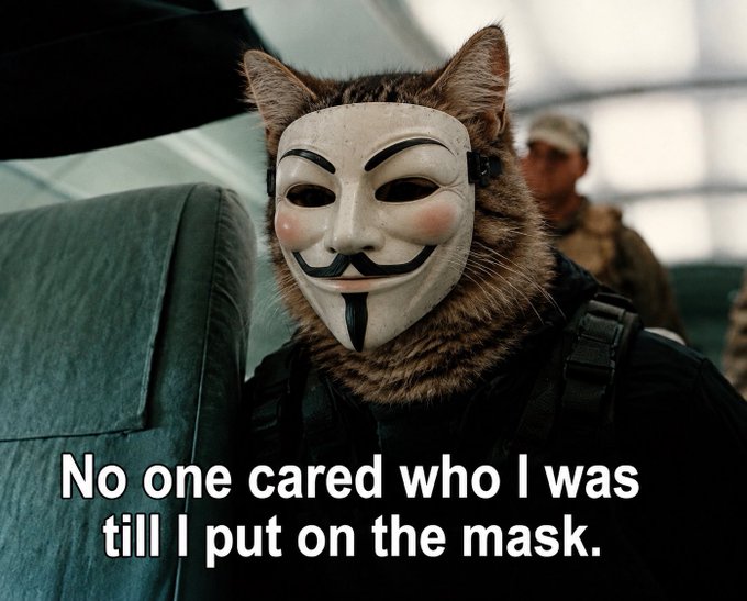 A meme featuring a cat wearing a Guy Fawkes mask with the caption 'No one cared who I was till I put on the mask.'