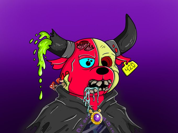 A cartoonish illustration of a demonic red and yellow bull-like creature with black horns, a bloody brain exposed, oozing green slime from one horn, and drooling, with an 'l+2.0' price tag on a purple background.