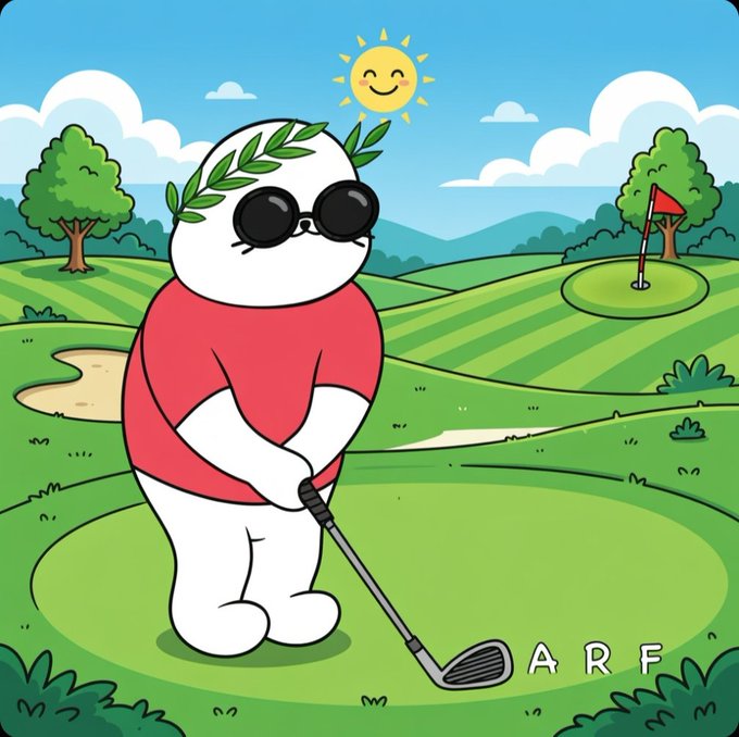 A cartoon character resembling an Aphex Twin logo, wearing a laurel wreath and sunglasses, prepares to swing a golf club on a bright green golf course.