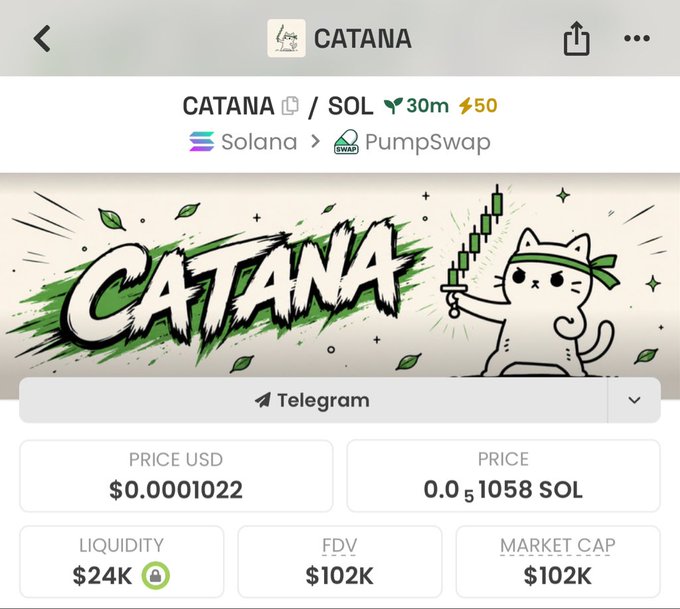 A screenshot of a PumpSwap trading page for the Solana memecoin $CATANA, showing a price of $0.0001022, $24K liquidity, and a $102K FDV/market cap. The image illustrates the post's claim that $CATANA is still in its extremely early stage below $100K market cap, presenting the low metrics as a buying opportunity before the predicted $10M+ valuation.