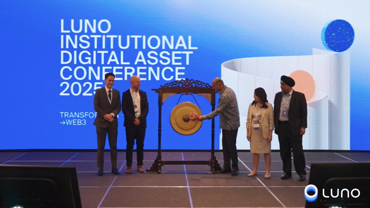Dignitaries strike a ceremonial gong at the Luno Institutional Digital Asset Conference 2025, held under the theme "Transform → Web3." Five formally dressed individuals—including a man wearing a turban—stand on stage alongside the branded backdrop featuring the Luno logo, marking the official opening of the gathering.