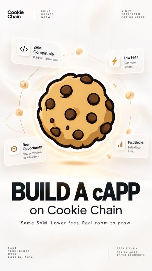 An advertisement for 'Cookie Chain' featuring a large chocolate chip cookie illustration, promoting building a cAPP with features like 'SVM Compatible', 'Low Fees', 'Real Opportunity', and 'Fast Blocks'.