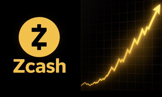The image displays the Zcash (ZEC) cryptocurrency logo alongside an upward-trending yellow line graph, visually reinforcing the news that $ZEC has reached the $1,500 price level.
