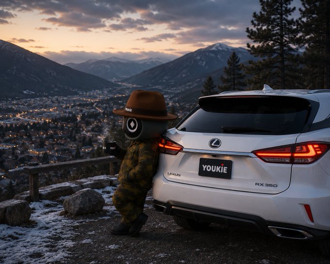 A small mascot in a brown hat and camouflage jacket leans against a white Lexus RX 350 (license plate "YOUKIE") overlooking a snowy mountain valley at dusk. The image's promotional feel parallels TimeSoul's gamified wellness approach, where consistent engagement is rewarded with tangible progression and perks.