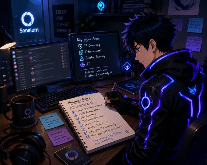 An anime-style illustration of a person in a dark jacket with glowing blue accents sitting at a desk, writing in a notebook titled 'Miasma's Notes' with a checklist, while a computer monitor displays 'Key Focus Areas' including IP Ownership, Entertainment, Creator Economy, and AI, with 'Soneium' branding visible.