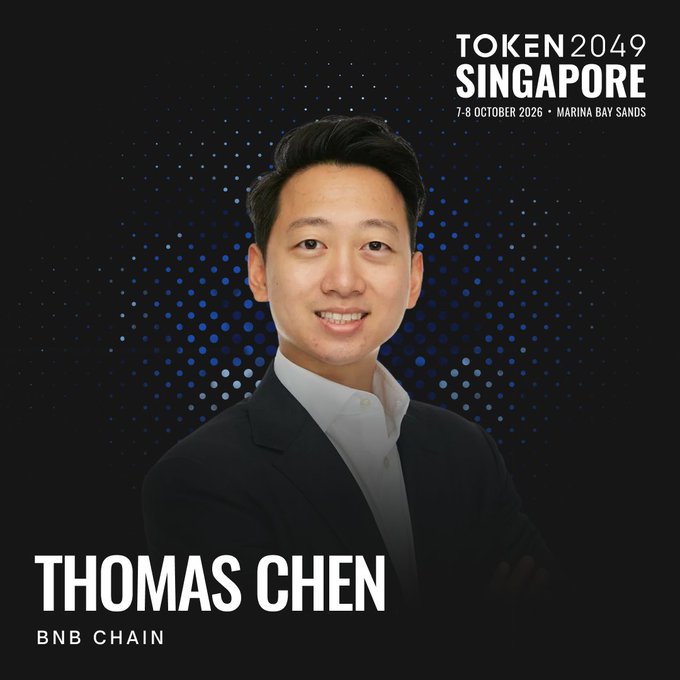 A professional headshot of Thomas Chen from BNB Chain, shown against a dark background with blue dotted patterns, with text indicating he is speaking at TOKEN2049 Singapore on October 7-8, 2026 at Marina Bay Sands. The image serves as a speaker announcement for his panel discussion on tokenization and building the markets of tomorrow.