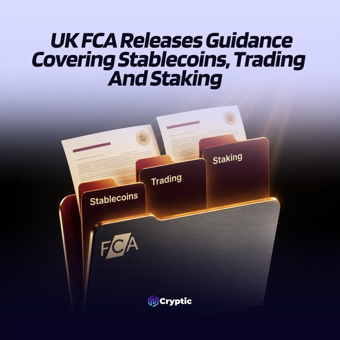 A graphic featuring a stylized "FCA" folder containing three labeled tabs for "Stablecoins," "Trading," and "Staking," along with document pages, illustrating the UK Financial Conduct Authority's newly released crypto regulatory guidance ahead of its October 25, 2027 effective date.