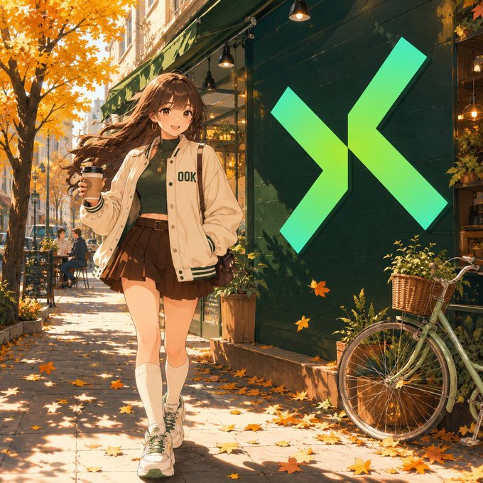 An anime-style illustration of a girl in a varsity jacket walking with a coffee cup past a café with an autumn leaf-covered sidewalk, with a large green 'X' symbol overlaid.