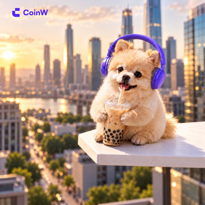 A Pomeranian dog wearing purple headphones and drinking boba tea while sitting on a ledge, with the CoinW cryptocurrency exchange logo in the top left corner and a city skyline in the background.
