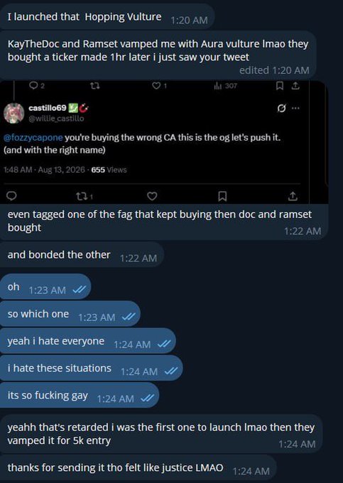 A screenshot of a late-night Twitter/X DM conversation showing a frustrated user complaining that KayTheDoc and Ramset vamped their "Aura vulture" token launch by buying a ticker an hour later, with the user tagging one of the parties and bonding the other after recognizing "they're buying the wrong CA." The exchange aligns with the accompanying post's theme of on-chain trolling and frustration, showing the user declaring "yeah i hate everyone" and venting that being the original launcher only resulted in a "5k entry" thanks to copycats.