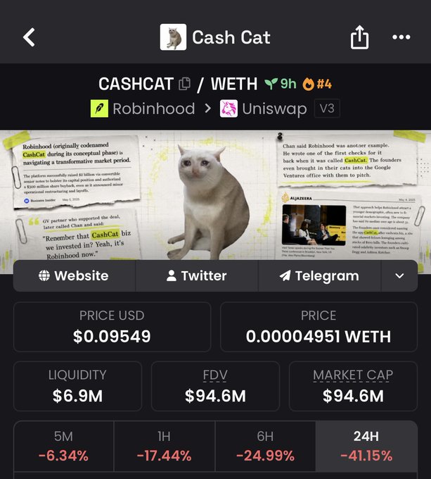 A crypto tracker screenshot for 'CASHCAT / WETH' token showing price at $0.09549 USD, with 24H down -41.15% and links to Website, Twitter, and Telegram.