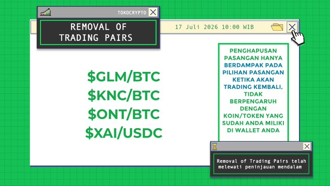 The image is a Tokocrypto-style notification announcing the removal of trading pairs $GLM/BTC, $KNC/BTC, $ONT/BTC, and $XAI/USDC effective 17 Juli 2026 at 10:00 WIB, with the green and white pixel-art interface matching the accompanying post's update to Tokonauts.