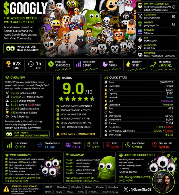 A cryptocurrency meme coin information page for $GOOGLY, a Solana-based meme project featuring Googly Eyes on various characters, displaying a 9.0/10 rating, $202K market cap, and a "VERY EARLY - EXTREME RISK" warning.