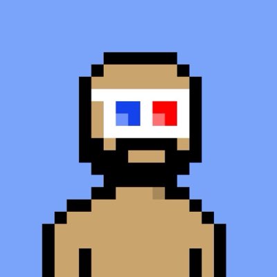 A pixel art illustration of a hooded figure with a beard wearing classic red-and-blue anaglyph 3D glasses against a light blue background.