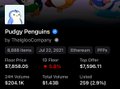A social media post from Pudgy Penguins displays crypto/NFT price information including floor price, 1D Flow, 1D Volume, 7D Flow, 7D Volume, and Tax Volume metrics.