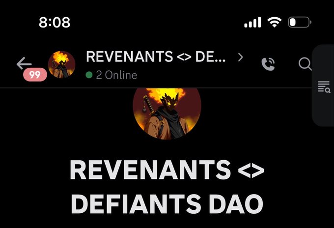 A mobile app screen shows a community or group called 'REVENANTS DEFIANTS DAO' with 2 online members and a fiery character avatar.