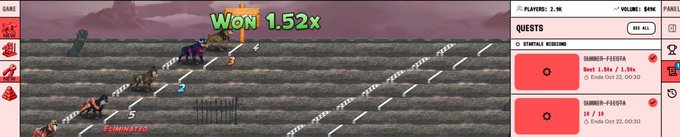 A screenshot from a horse racing game or betting platform showing a finish line result 'Won 1.52x' with horse race details and betting options on the right side.