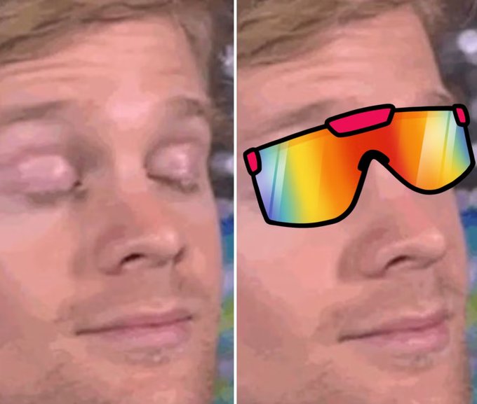 A side-by-side comparison shows a blurry, unfocused image of a man's face on the left, contrasted with the same photo on the right where oversized, colorful rainbow sunglasses have been digitally drawn over his eyes—visually playing on the "blind to clear vision" metaphor with humorously ironic oversized shades.