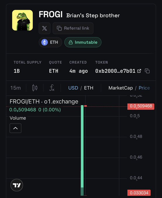 A trading interface displays the $FROGI token ("Brian's Step brother") on Base chain with a 1B total supply, trading at approximately 0.509468 against ETH on o1.exchange, reflecting the newly launched meme coin highlighted in the post.