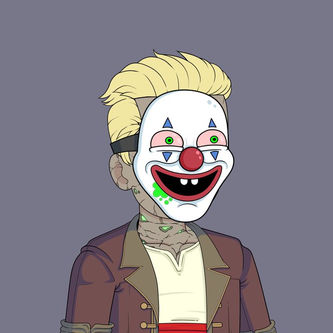 A digital illustration of a creepy, decaying clown character with blonde hair, a white face mask with green eyes, a red nose, and a brown jacket, set against a plain gray background.