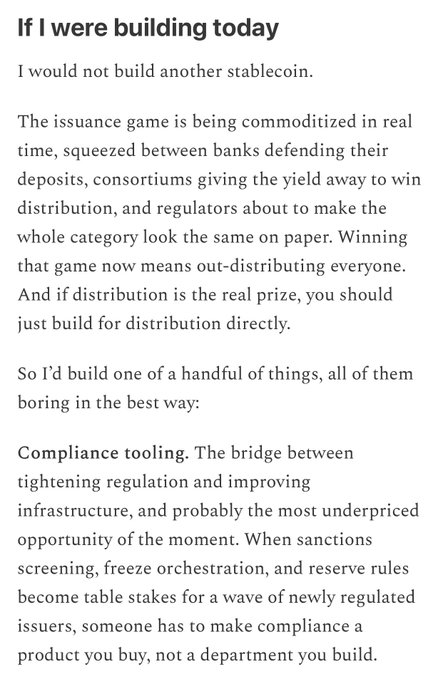 A text post titled 'If I were building today' discussing stablecoin issuance and recommending building compliance tooling instead, addressing regulation and infrastructure challenges.