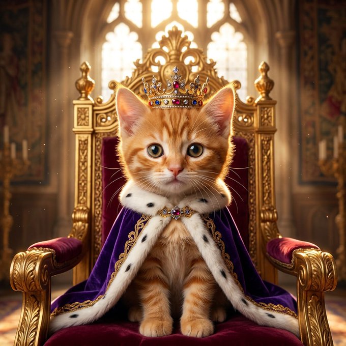 A digital artwork of an orange tabby kitten wearing a jeweled crown and a purple royal cape, sitting on an ornate golden throne.
