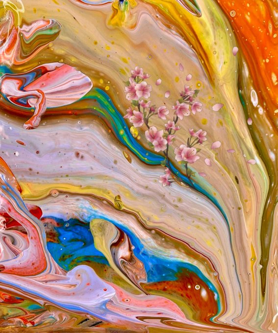 A vibrant abstract painting featuring swirling streams of orange, yellow, blue, and cream hues surrounding delicate pink cherry blossom branches, titled "Whispers of Colors" — a 6/10 edition NFT listed for 8 XTZ on objkt.com. The soft floral focal point contrasts beautifully against the dynamic marbled background, evoking a serene morning energy fitting the artist's greeting to the NFT community.
