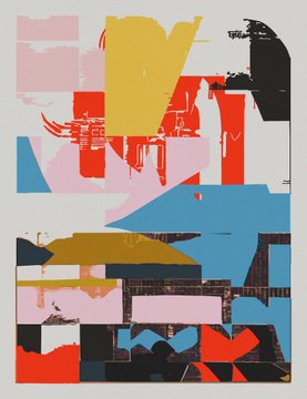 An abstract collage artwork featuring bold blocks of pink, yellow, blue, red, black, and pink arranged in a layered composition on a white background.