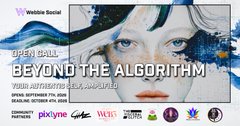 An event poster for 'OPEN CALL BEYOND THE ALGORITHM' for AI-generated art, featuring a glitch-art face and sponsor logos including bioclyme, Galxe, W3r, and others.