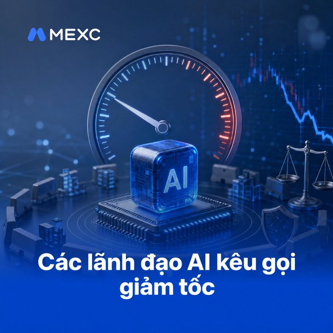 A MEXC promotional graphic features a speedometer, an AI cube, a balance scale, and a downward stock chart on a blue background, with Vietnamese text reading 'Các lãnh đạo AI kêu gọi giảm tốc' (AI leaders call for slowdown).