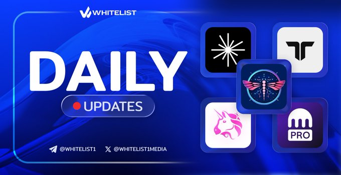 A "WHITELIST Daily Updates" banner with a blue gradient background, featuring the logos of featured crypto projects (including what appears to be a dragon, a winged emblem, and others) alongside the post discussing Uniswap's Permissioned Pools for tokenized RWAs and a mention of Axis Robotics.