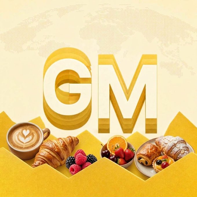 A vibrant yellow promotional graphic with large 'GM' (Good Morning) lettering set against a world map background, decorated with breakfast items including a latte with heart art, croissants, fresh berries, orange slices, and pastries arranged along the bottom.