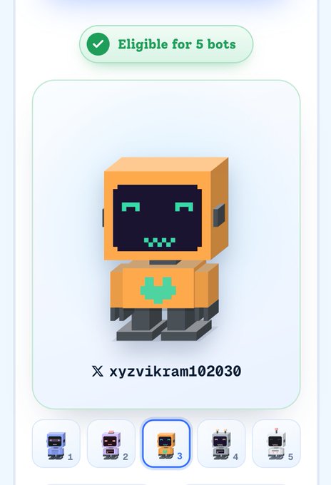 A mobile-style interface says “Eligible for 5 bots” above an orange pixel robot labeled “xyzvikram102030,” with five numbered robot options along the bottom and option 3 selected.