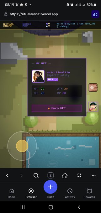 A mobile screenshot of a pixel-art NFT game interface on ritualarena1.vercel.app showing an 'MY NFT' panel with stats HP 170, ATK 29, DEF 20, MP 80.