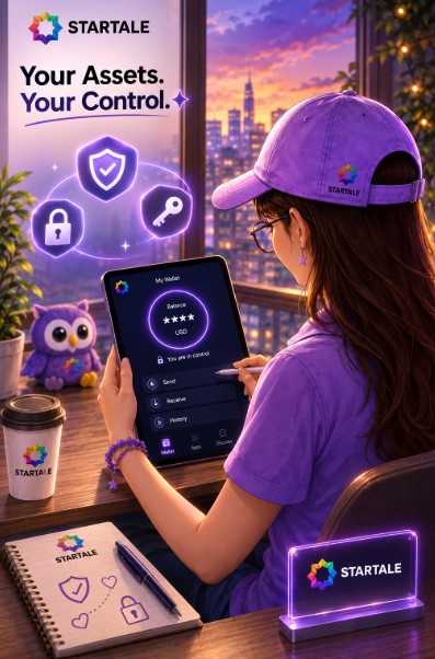An anime-style promotional image for 'STARTALE' showing a girl in a purple cap viewing a digital wallet interface on a tablet, with the tagline 'Your Assets. Your Control.' and security iconography like shields and keys.